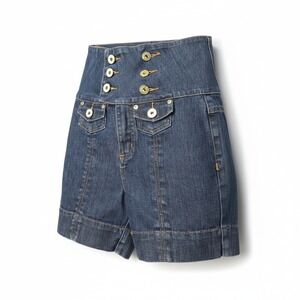 ZD Denim Shorts Womens Blue High Waisted Sailor Button Front Ramie Cotton Blend